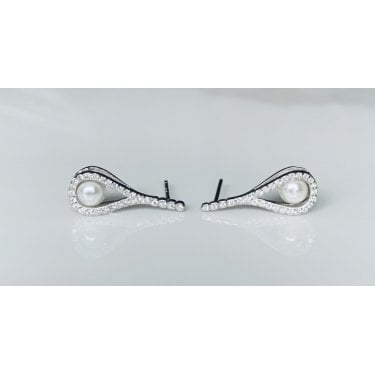 Sterling Silver 4 CZ Rubover Drop with CZ Pear Outline & Single Pearl Stud Earrings 19x7mm