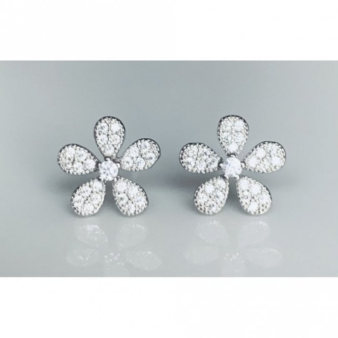 Faith Sterling Silver Sterling Silver 5 Petal Beaded Edge Pave Set Flower Stud Earrings 10x10mm