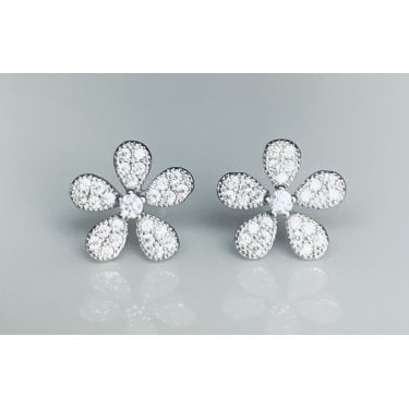 Sterling Silver 5 Petal Beaded Edge Pave Set Flower Stud Earrings 10x10mm