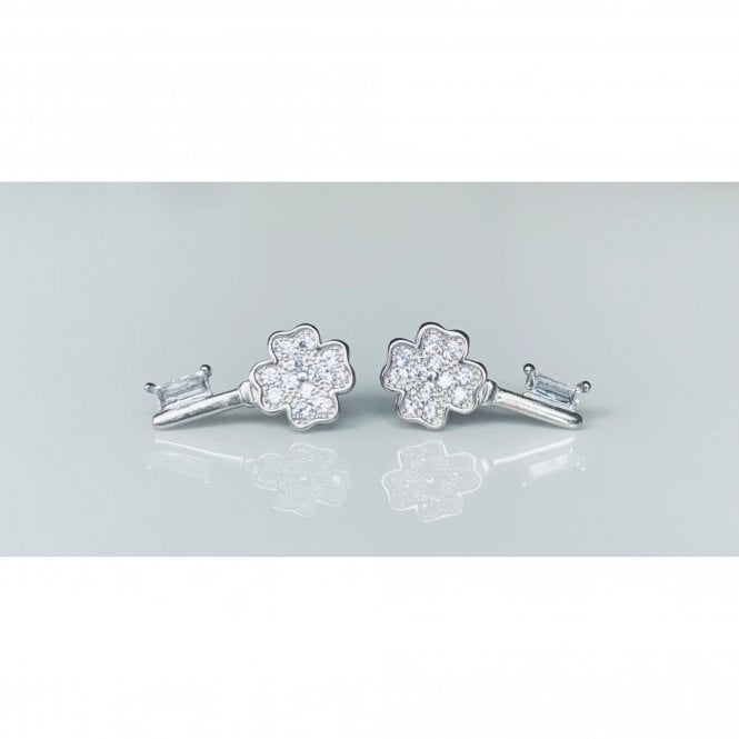 Sterling Silver Beaded Claw 4 Leaf Clover CZ Top Plain Bottom Key Stud Earrings