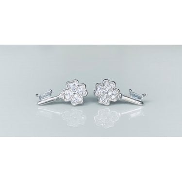 Sterling Silver Beaded Claw 4 Leaf Clover CZ Top Plain Bottom Key Stud Earrings
