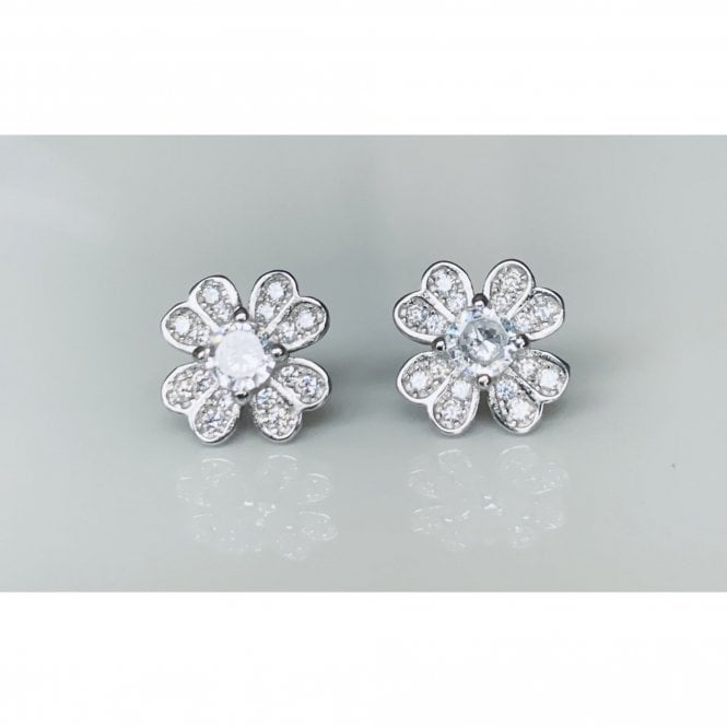 Faith Sterling Silver Sterling Silver Claw Set Centre with 4 Pave Rubover Edge Split Petals Stud Earrings 10x10mm