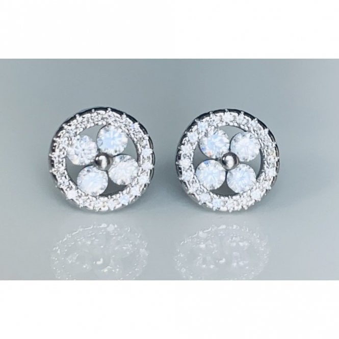 Faith Sterling Silver Sterling Silver CZ 4 Petal Flower with Beaded Centre & CZ Floating Halo Stud Earrings 8x8mm