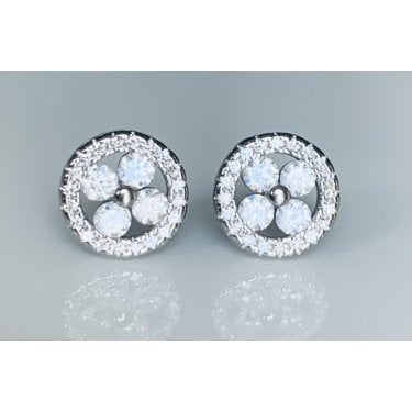 Sterling Silver CZ 4 Petal Flower with Beaded Centre & CZ Floating Halo Stud Earrings 8x8mm