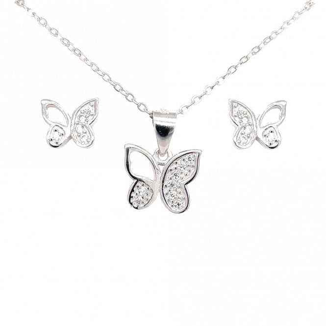 Faith Sterling Silver Sterling Silver CZ Butterfly Earring and Pendant Set 10x10mm