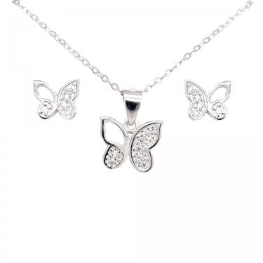 Sterling Silver CZ Butterfly Earring and Pendant Set 10x10mm
