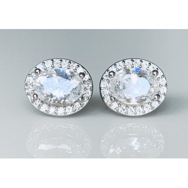 Sterling Silver CZ Claw Set Centre with CZ Halo Oval Stud Earrings 9x8mm