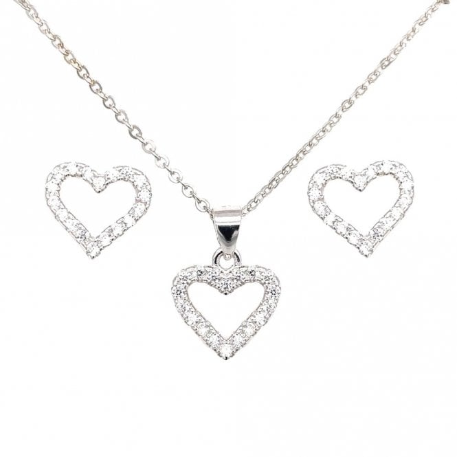 Faith Sterling Silver Sterling Silver CZ Claw Set Heart Ouline Pendant & Stud Earrings