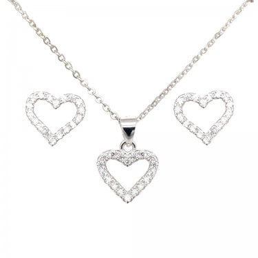 Sterling Silver CZ Claw Set Heart Ouline Pendant & Stud Earrings