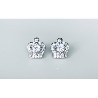 Sterling Silver CZ Crown with Single Centre Stone Stud Earrings 9x9mm
