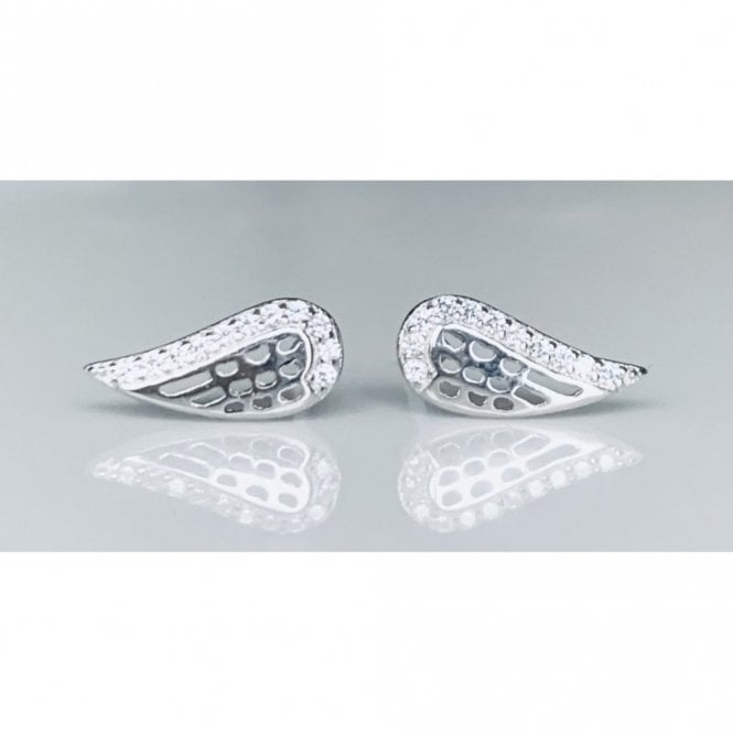 Faith Sterling Silver Sterling Silver CZ Edge Pitted Centre Angel Wing Stud Earrings 11x5mm