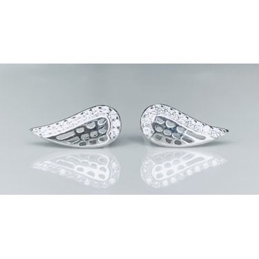 Sterling Silver CZ Edge Pitted Centre Angel Wing Stud Earrings 11x5mm
