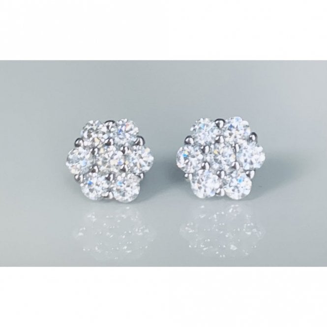 Faith Sterling Silver Sterling Silver CZ Flower Cluster with 6 CZ Petal Stud Earrings 7x8mm