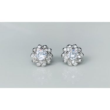 Sterling Silver CZ Flower Rubover Centre with 7 Pave Petals Stud Earrings 7x7mm