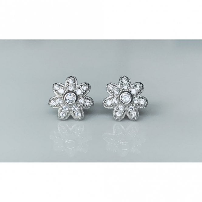 Faith Sterling Silver Sterling Silver CZ Flower Rubover Centre with 7 Pave Petals Stud Earrings 9x9mm