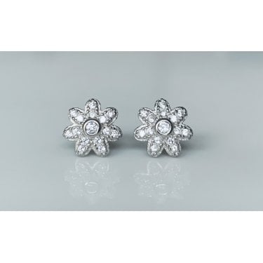 Sterling Silver CZ Flower Rubover Centre with 7 Pave Petals Stud Earrings 9x9mm