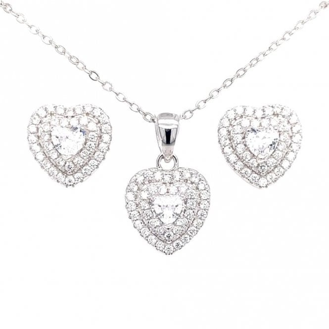 Faith Sterling Silver Sterling Silver CZ Heart Centre Double Halo Pendant & Stud Earrings 11x11mm