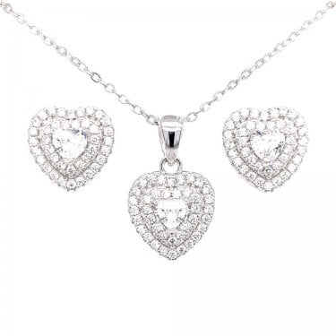 Sterling Silver CZ Heart Centre Double Halo Pendant & Stud Earrings 11x11mm
