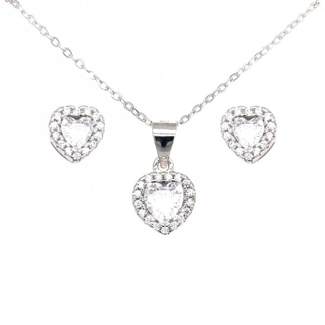 Faith Sterling Silver Sterling Silver CZ Heart Halo Earring and Pendant Set 8x8mm