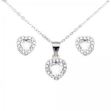Sterling Silver CZ Heart Halo Earring and Pendant Set 8x8mm