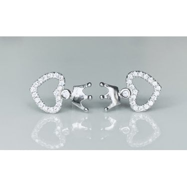 Sterling Silver CZ Heart Outline with Plain Crown Top Stud Earrings 13x8mm