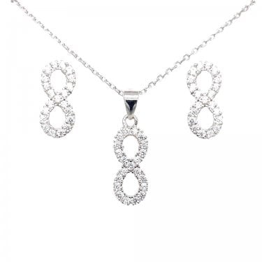 Sterling Silver CZ Infinity Pendant & Stud Earrings 6x12mm