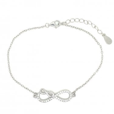 Sterling Silver CZ Infinity with Smaller Plain Infinity on Fine Extendable Bracelet 16+4cm