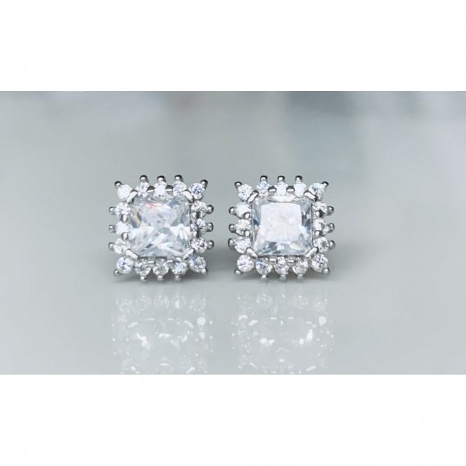 Faith Sterling Silver Sterling Silver CZ Large Claw Edge Square Cluster Stud Earrings 8x8mm
