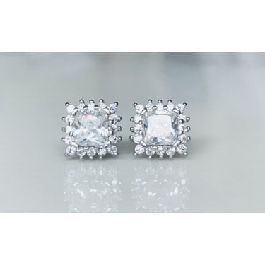 Sterling Silver CZ Large Claw Edge Square Cluster Stud Earrings 8x8mm