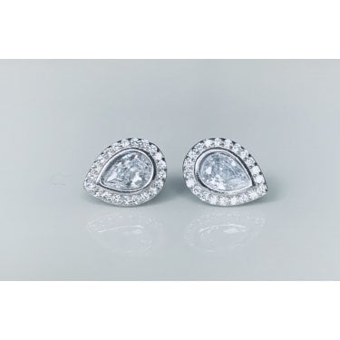 Sterling Silver CZ Large Rubover Edge Pear Centre with Claw Set Pear Halo Stud Earrings 10x8mm