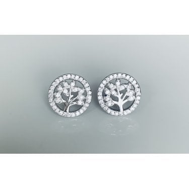Sterling Silver CZ Leaves Tree of Life with CZ Surround Stud Earrings 11x11mm 