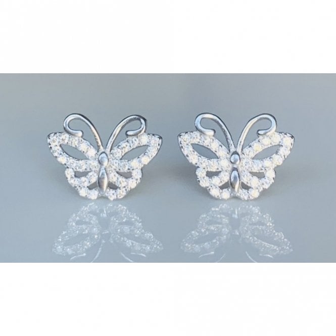 Faith Sterling Silver Sterling Silver CZ Marquise Open Wing & Plain Antennae Butterfly Stud Earrings 11x13mm