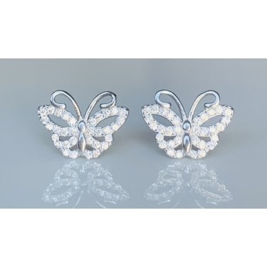 Sterling Silver CZ Marquise Open Wing & Plain Antennae Butterfly Stud Earrings 11x13mm