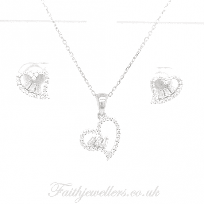 Faith Sterling Silver Sterling Silver CZ Open Offset Heart with 3 Tapered Centre CZ Earrings & Pendant Set 12x12mm