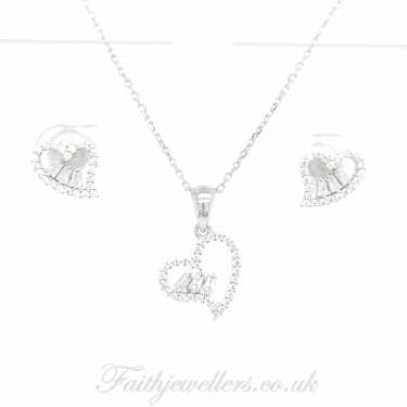 Sterling Silver CZ Open Offset Heart with 3 Tapered Centre CZ Earrings & Pendant Set 12x12mm