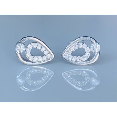 Sterling Silver CZ Open Pear Outline with Plain Single Stone Set Surround Stud Earrings 10x7mm