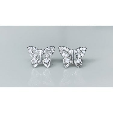 Sterling Silver CZ Outline with Single Inside CZ Butterfly Stud Earrings 7x10mm