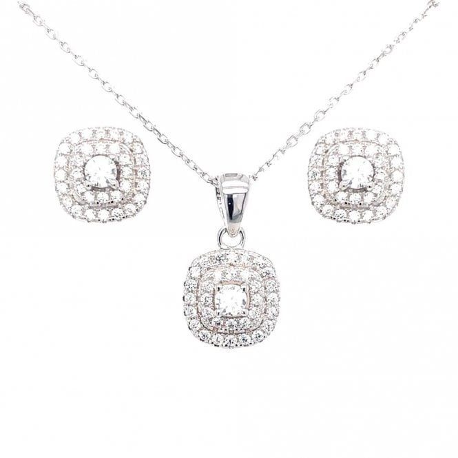 Faith Sterling Silver Sterling Silver CZ Oval Centre Double Halo Pendant & Stud Earrings 10x10mm