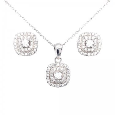 Sterling Silver CZ Oval Centre Double Halo Pendant & Stud Earrings 10x10mm
