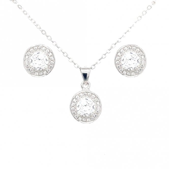Faith Sterling Silver Sterling Silver CZ Oval Centre Pave Halo Pendant & Stud Earrings