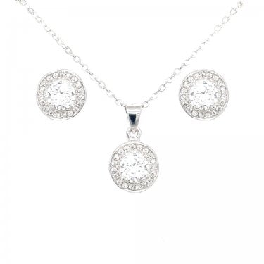 Sterling Silver CZ Oval Centre Pave Halo Pendant & Stud Earrings