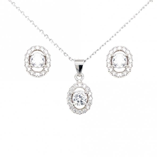 Faith Sterling Silver Sterling Silver CZ Oval Centre with Pave Halo Pendant & Bar Drop Earrings Set
