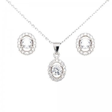Sterling Silver CZ Oval Centre with Pave Halo Pendant & Bar Drop Earrings Set