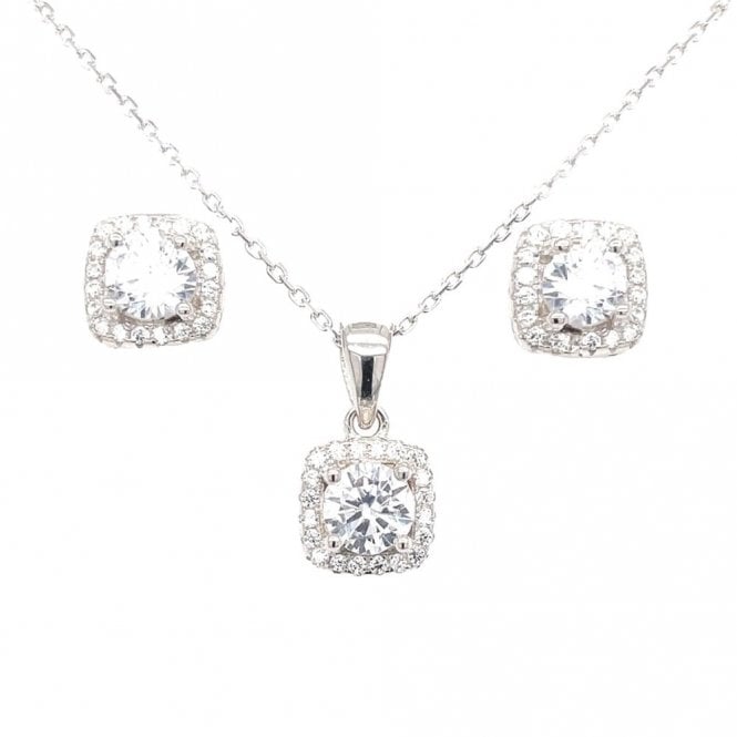 Faith Sterling Silver Sterling Silver CZ Oval With Cushion Edge Halo Pendant & Stud Earrings