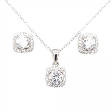 Sterling Silver CZ Oval With Cushion Edge Halo Pendant & Stud Earrings