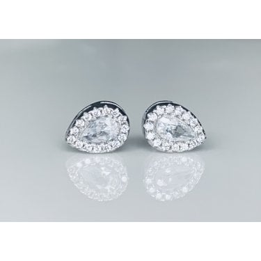Sterling Silver CZ Pear Centre with Raised Pear CZ Halo Stud Earrings 8x5mm