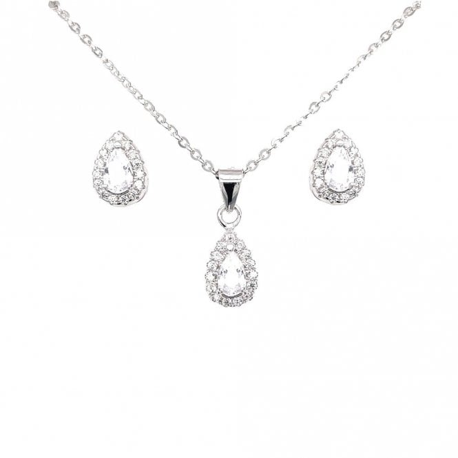 Faith Sterling Silver Sterling Silver CZ Pear Halo Pendant & Stud Earrings Set 6x9mm