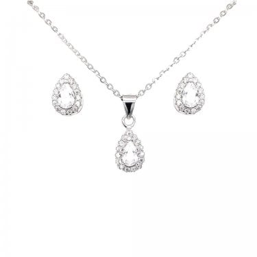 Sterling Silver CZ Pear Halo Pendant & Stud Earrings Set 6x9mm