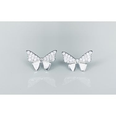 Sterling Silver CZ Pointed Top & Plain Bottom Wing Butterfly Stud Earrings 8x11mm