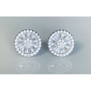 Sterling Silver CZ Round & Baguette Cluster with CZ Halo Stud Earrings 10x10mm